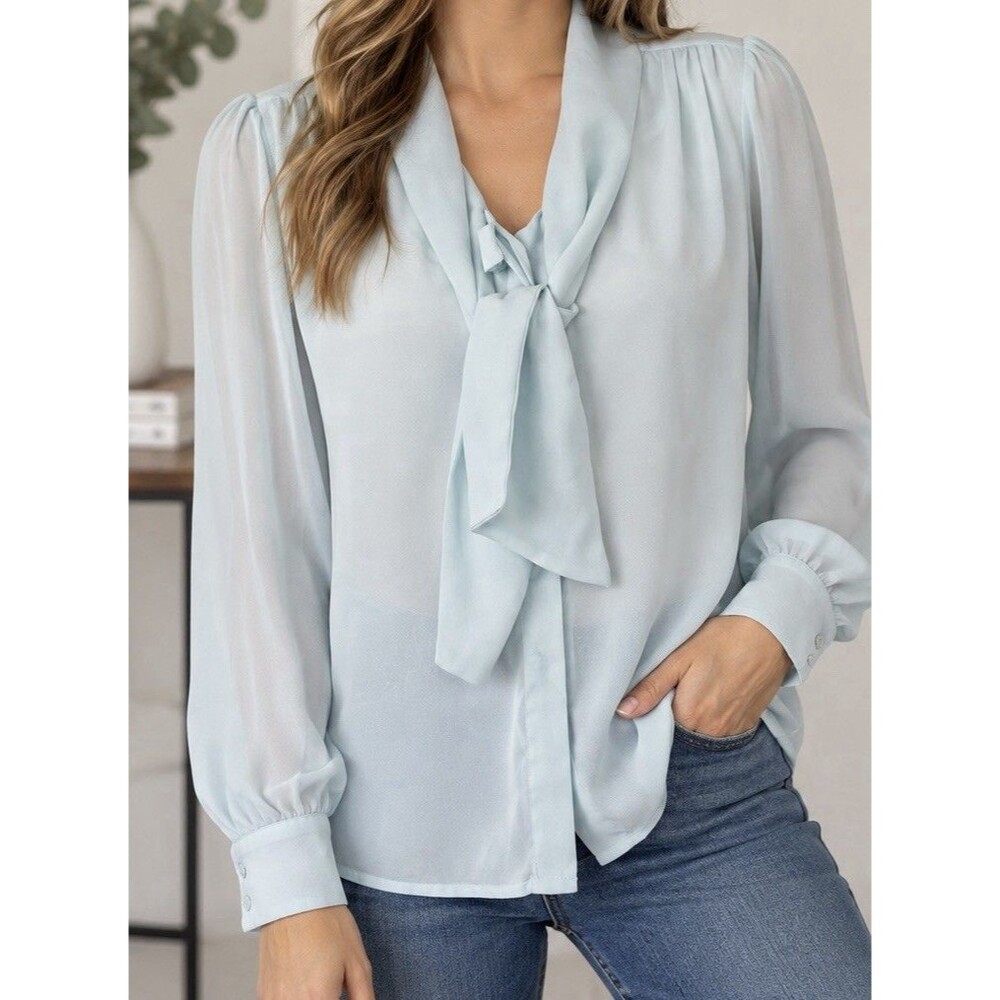 Lloyd Williams Womens Size 6 Light Blue Tie Neck Blouse Long Sleeve Secretary